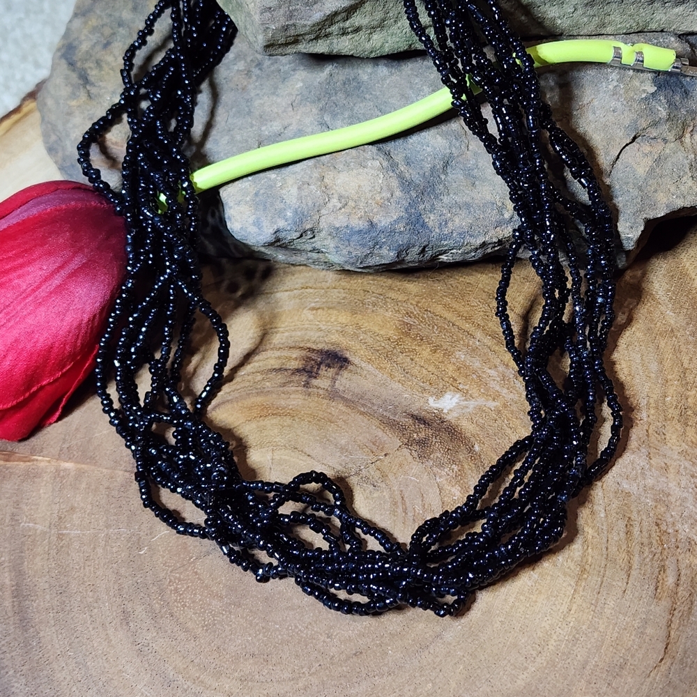 Elegant 8 Strand Black Seed Beaded Necklace